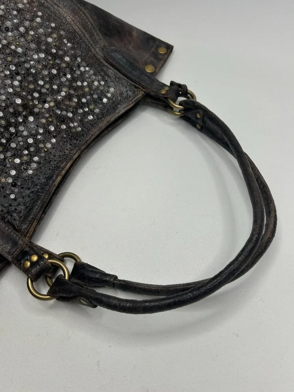 NWOT Frye DEBORAH Chocolate Brown Leather Studded Shoulder Satchel Tote Handbag